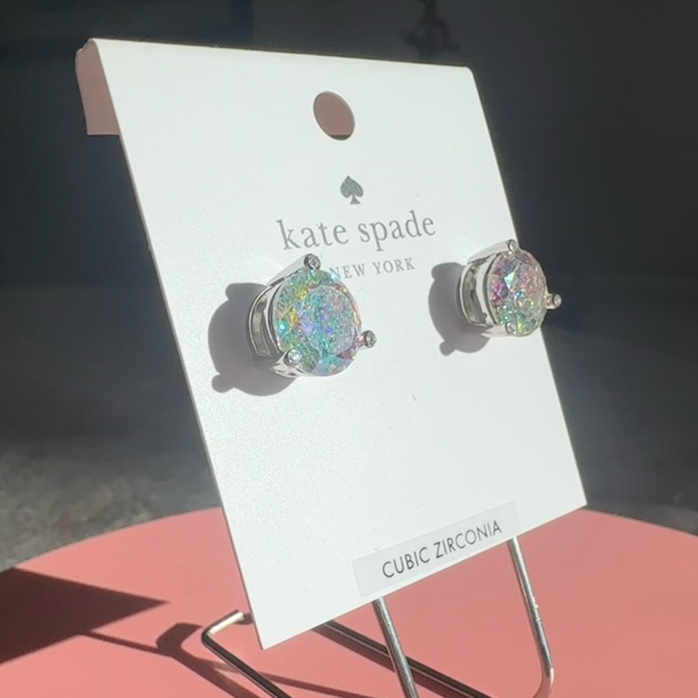 Kate Spade Cubic Zirconia Earrings Rise and Shine Glitter Studs Iridescent Clear - Picture 5 of 9